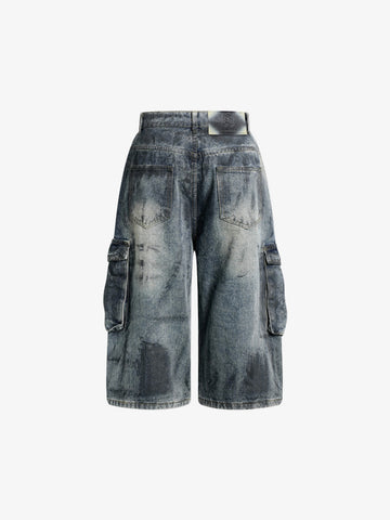 Grunge Wash Cargo Denim Shorts