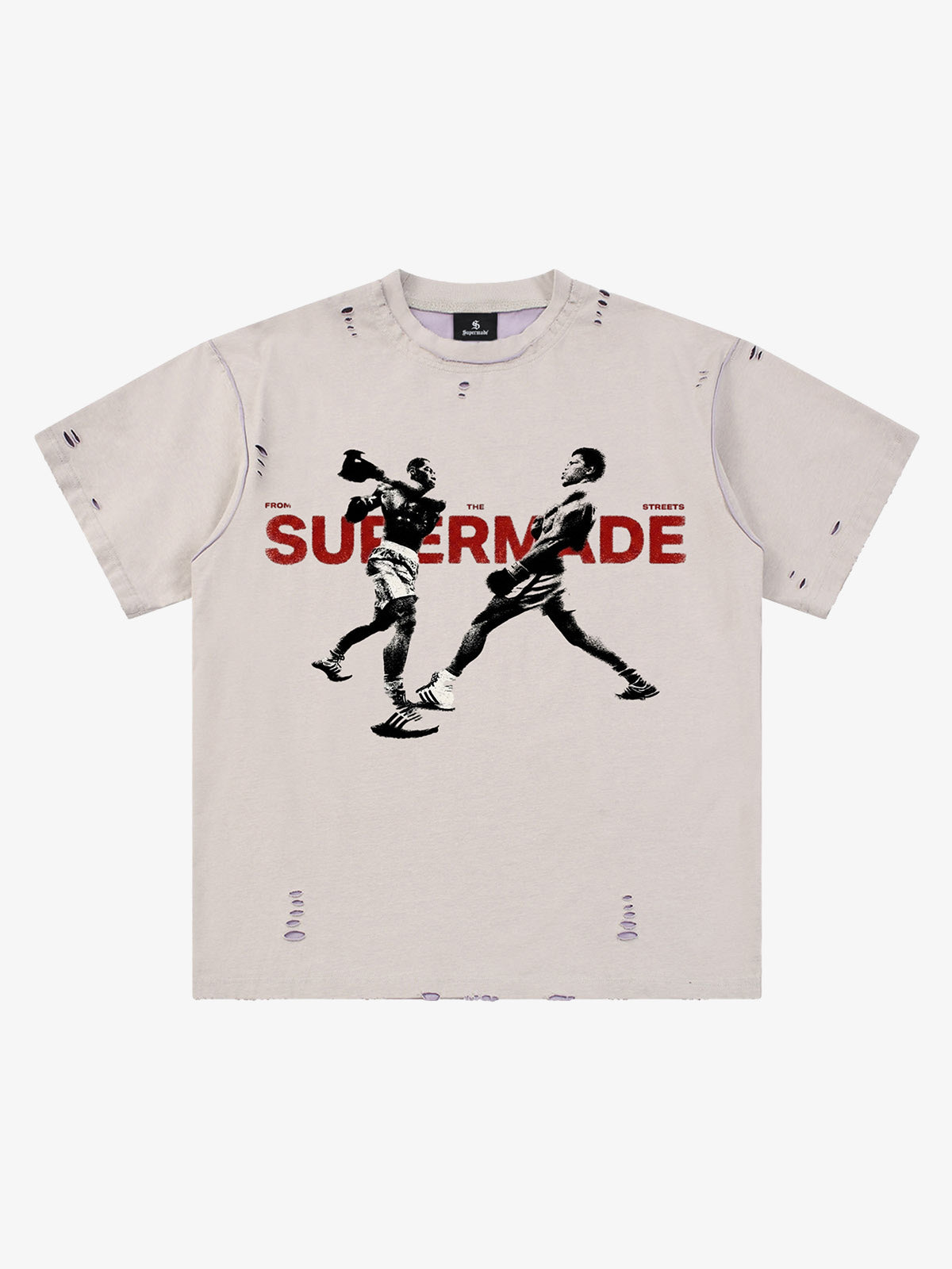 Black Distressed Graphic T-Shirt with Boxing Print – Relaxed Fit Streetwear Tee