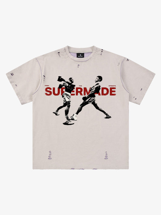 Black Distressed Graphic T-Shirt with Boxing Print