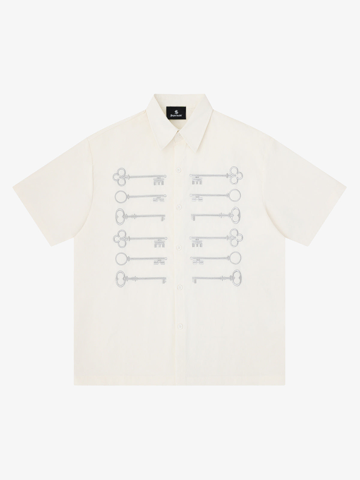 Black Cotton Button-Up Shirt with Gold Embroidered Key Motif – Classic Fit Top