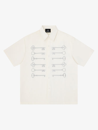 Black Cotton Button-Up Shirt with Gold Embroidered Key Motif – Classic Fit Top