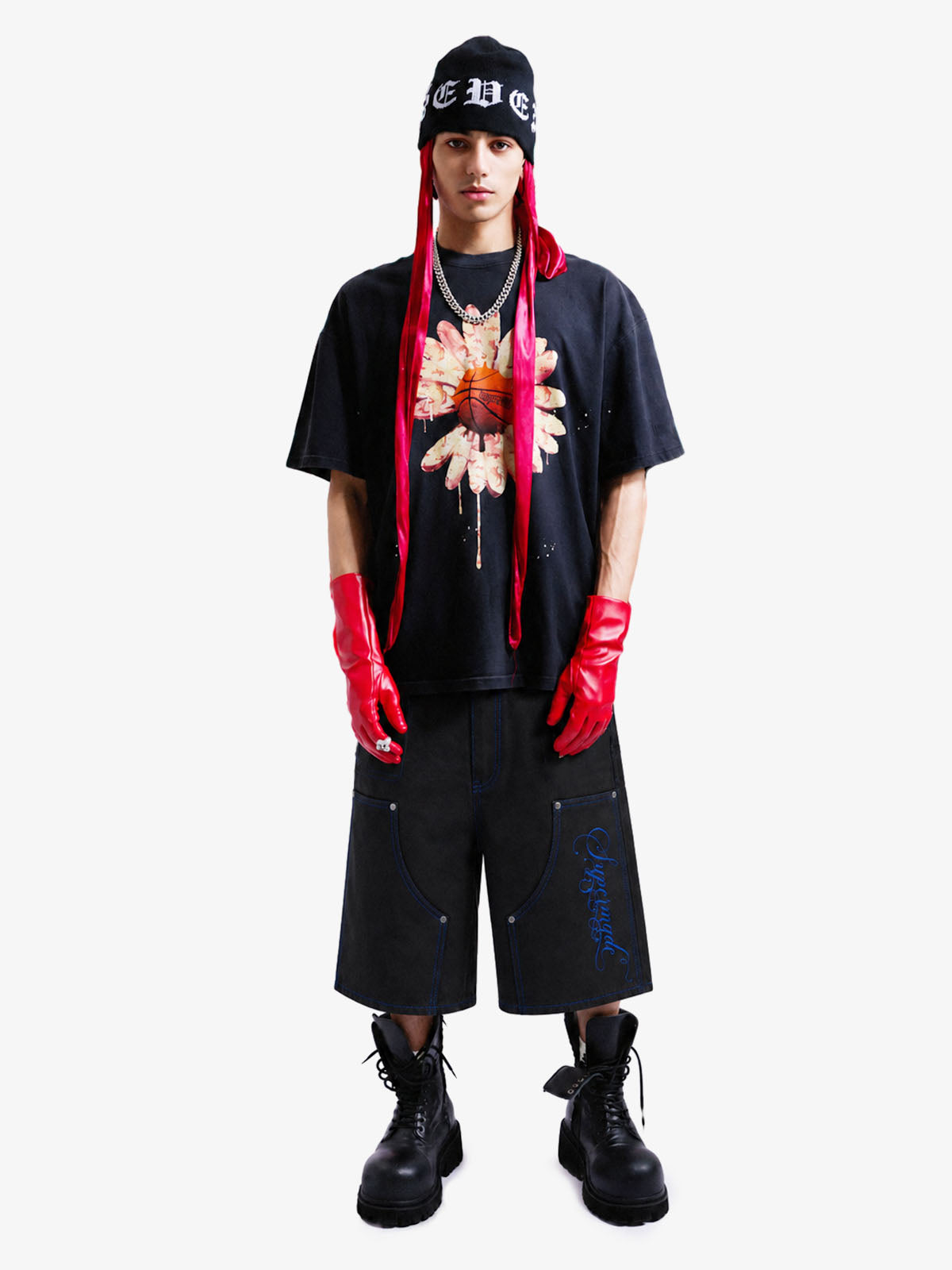 Black Utility Denim Shorts with Blue Embroidery