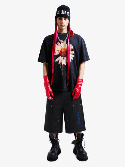 Black Utility Denim Shorts with Blue Embroidery