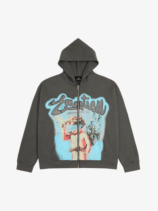 Vintage Blindfolded Angel Rhinestone Zip-Up Hoodie 