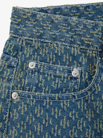 Vintage Distressed Textured Ripped Wide Leg Denim Jorts 