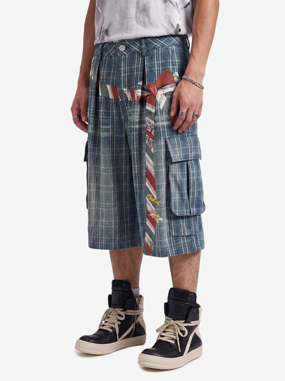 Plaid Cargo Wide-Leg Shorts