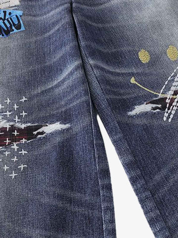 Washed Graffiti Patchwork Print Jeans 