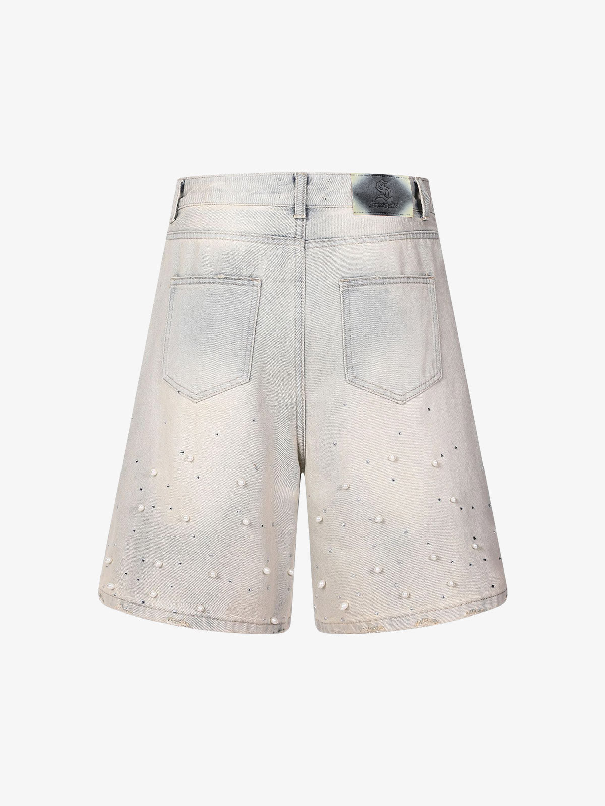 Pearl Embellished Light Wash Denim Shorts