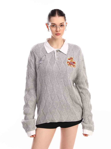 Retro Contrast Collar Embroidery Knit Sweater 