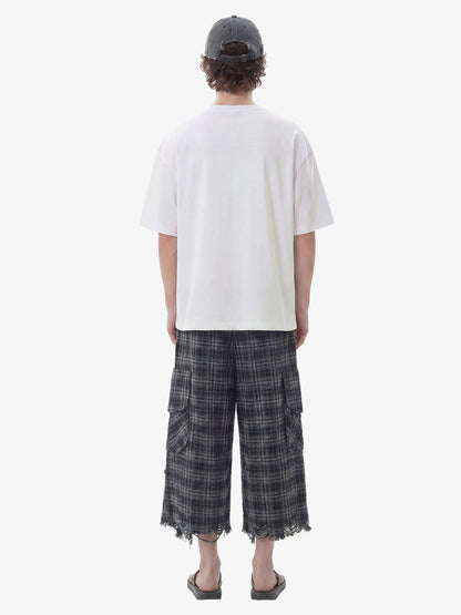 Plaid Linen-Blend Distressed Cargo Cropped Pants 