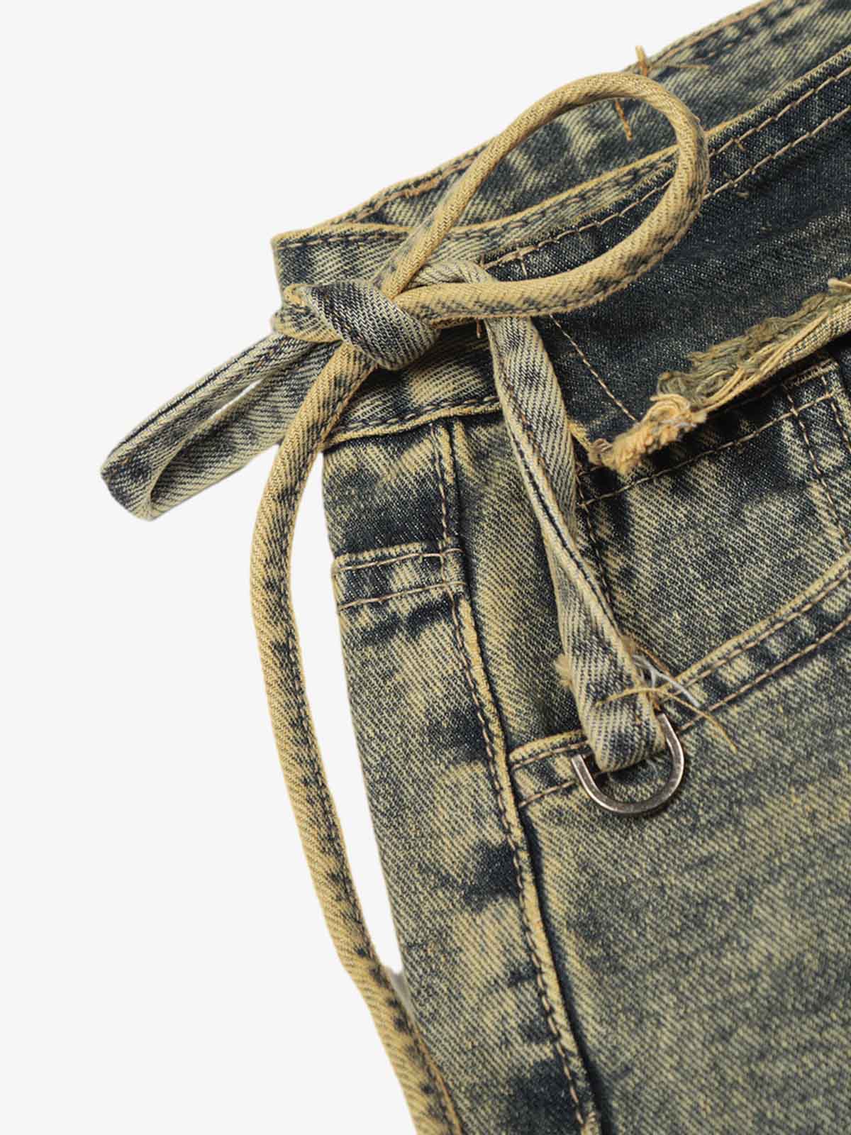 Layered Waist Tie Detail Vintage Wash Jeans 