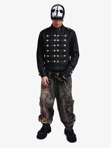 Vintage Silver Button Military Denim Jacket