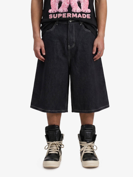 Vintage Contrast Stitch Wide Leg Denim Jorts
