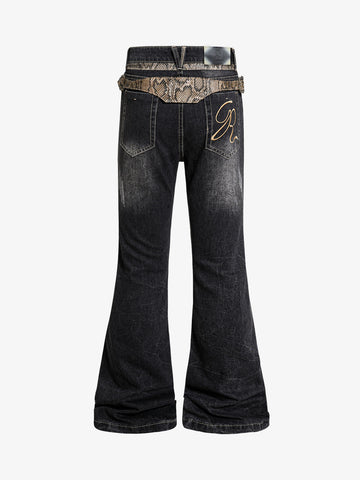 Snake Waist Flared Denim Jeans – Dark Wash Gold Embroidery Fit