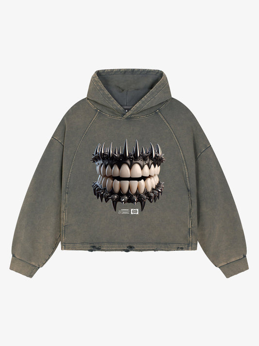 Dark Monster Teeth Graphic Cropped Hoodie 