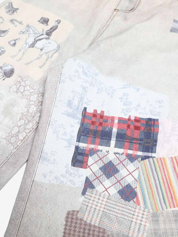 Cotton Patchwork Wide Leg Pants with Equestrian Print and Plaid Details 