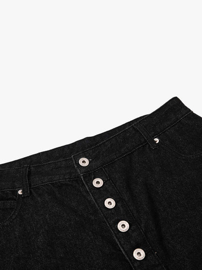 Asymmetric Multi-Button Fly Wide-Leg Denim Jorts 