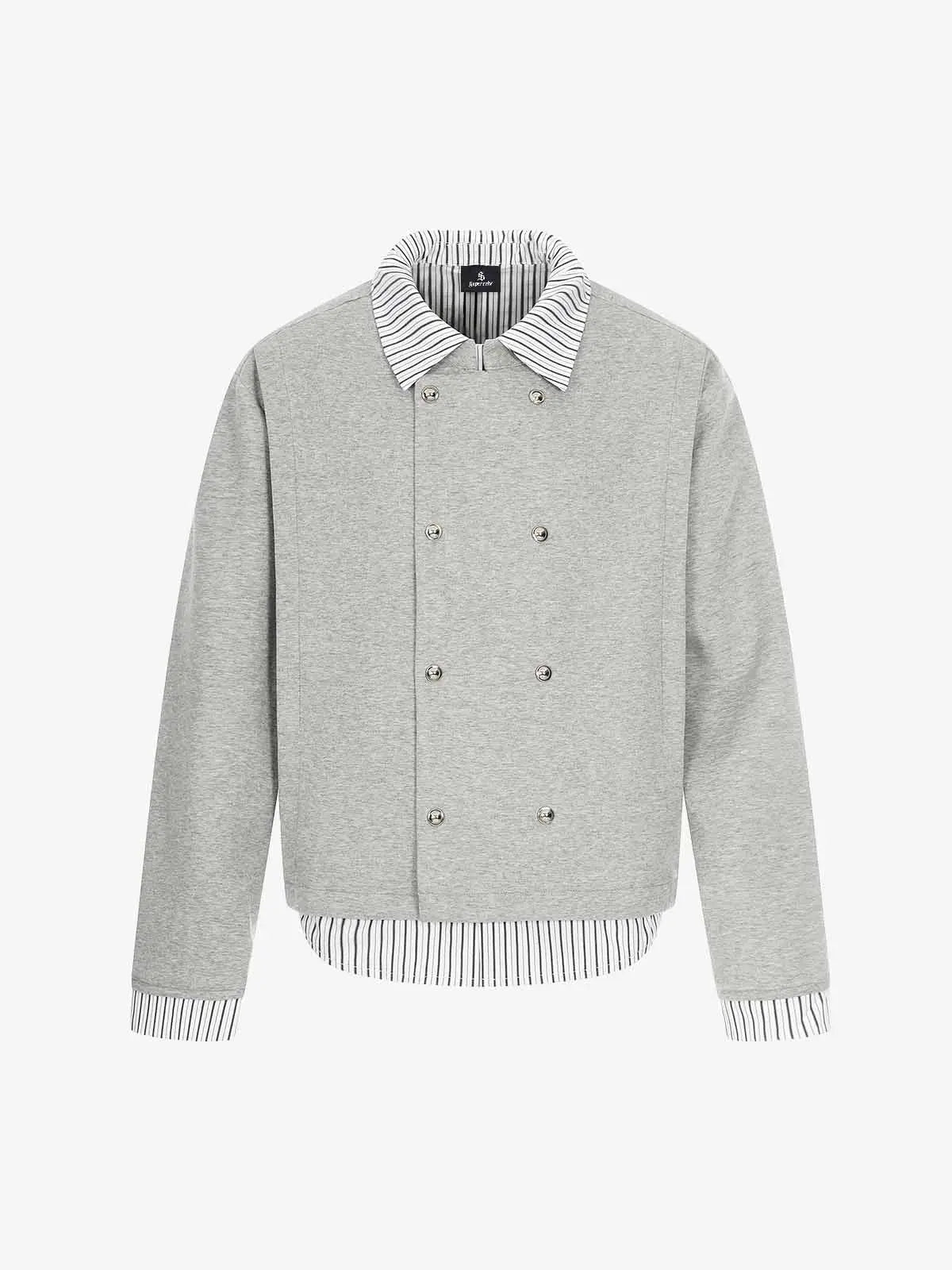 Button Detail Striped Panel Faux Layered Jacket 