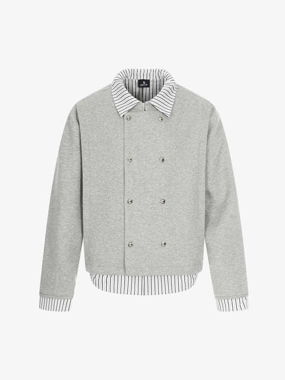 Button Detail Striped Panel Faux Layered Jacket 