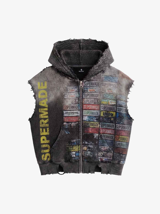 Distressed Multi-Label Graphic Sleeveless Zip Hoodie 