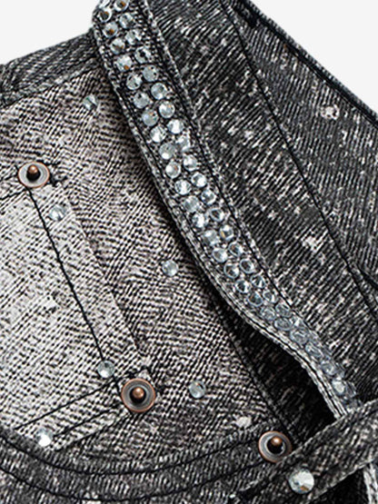 Denim Distressed Belt Diamond Decorated Jeans 