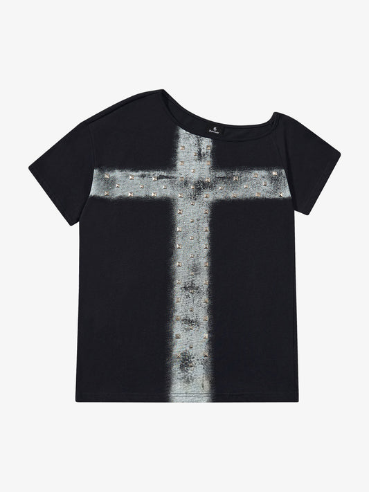 Black Cotton T-Shirt with Silver Studs and Bleach Spray Graphic