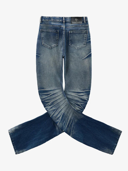 Vintage Distressed Button Fly Ruched Panel Flared Jeans