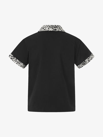 Leopard Trim Half Zip Polo T-Shirt
