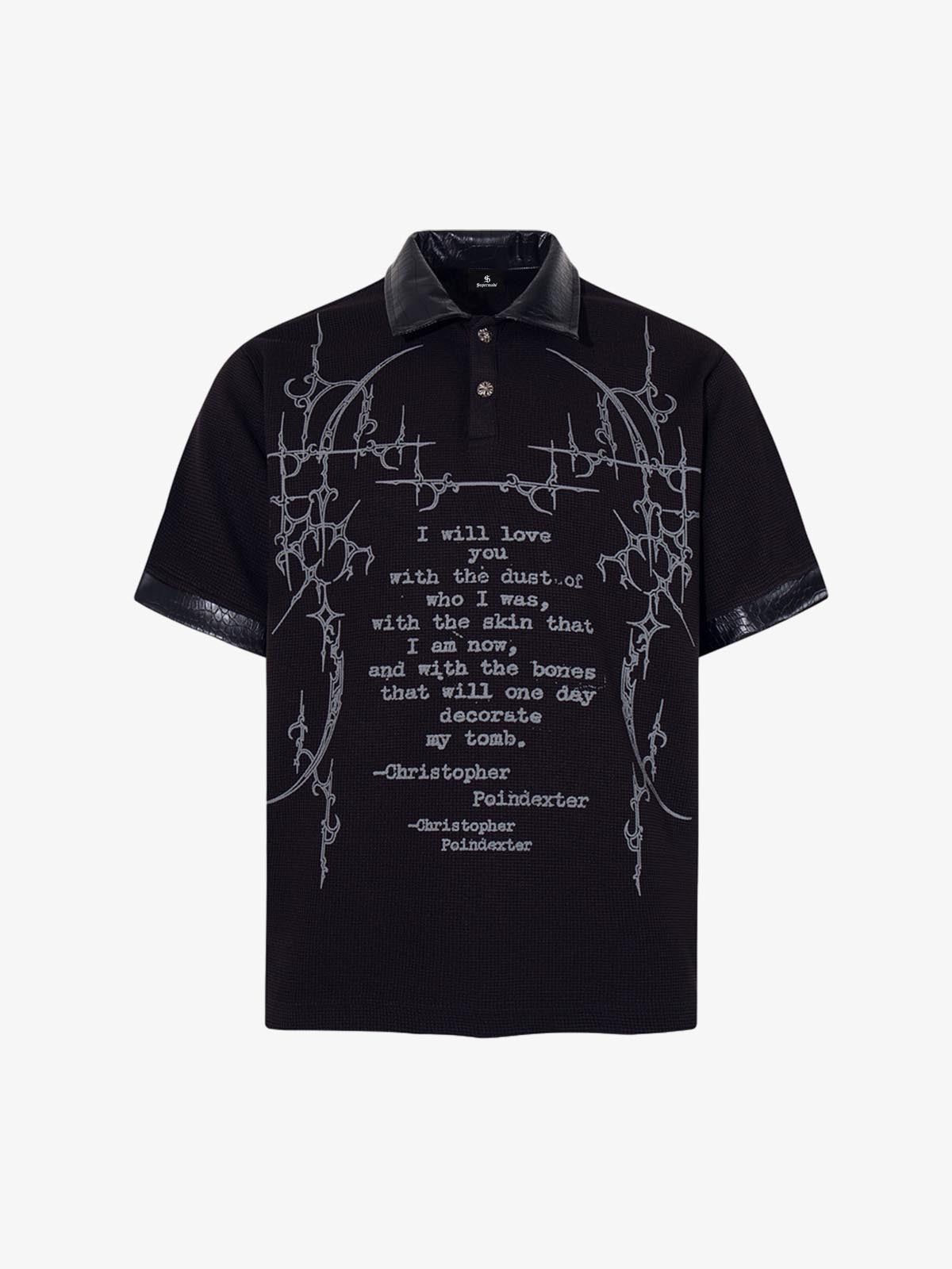 Gothic Text Print Leather Patchwork Polo T-Shirt 