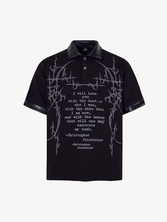 Gothic Text Print Leather Patchwork Polo T-Shirt 