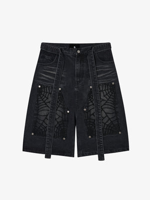 Embroidered Spiderweb Denim Shorts