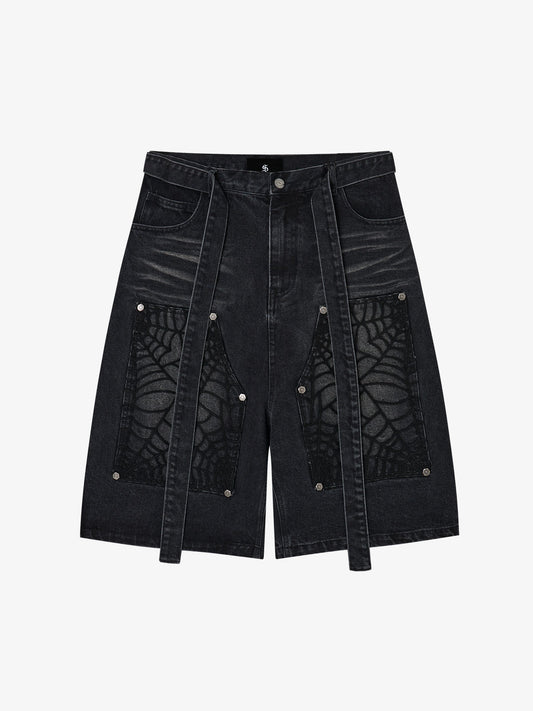 Embroidered Spiderweb Denim Shorts
