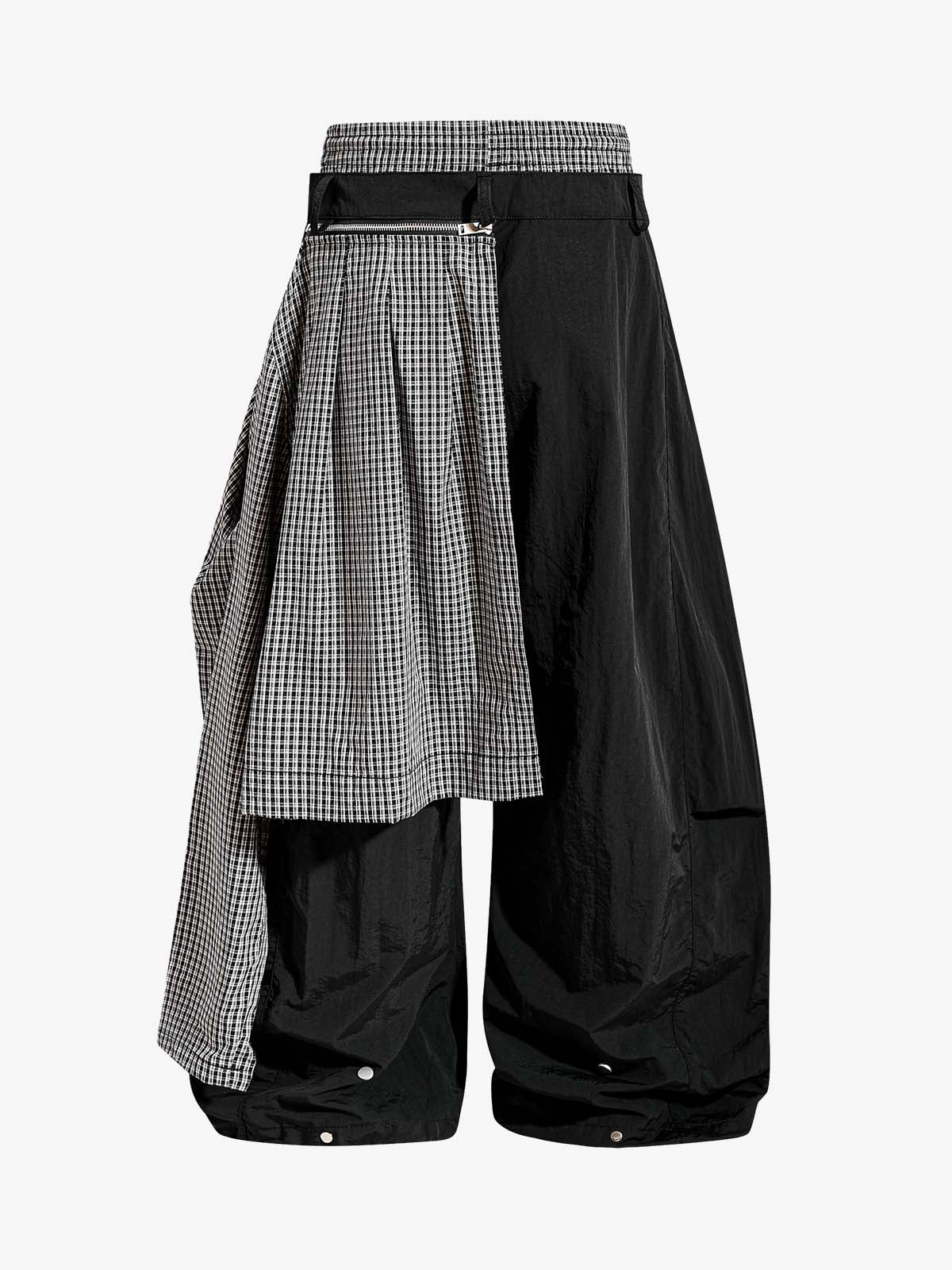 Navy Blue Polyamide Oversized Wide-Leg Trousers with Plaid Panel & Drawstring Waist – Lightweight, Breathable, Streetwear Style