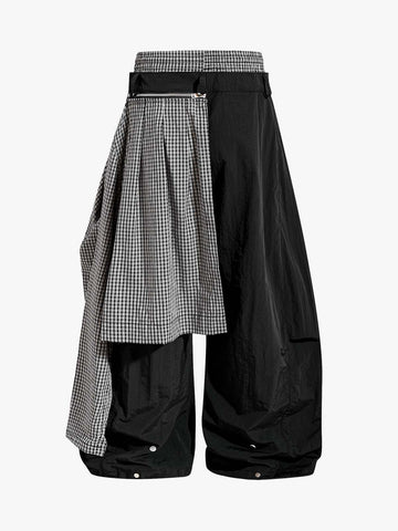 Navy Blue Polyamide Oversized Wide-Leg Trousers with Plaid Panel & Drawstring Waist – Lightweight, Breathable, Streetwear Style