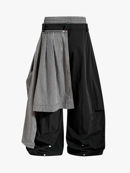 Navy Blue Polyamide Oversized Wide-Leg Trousers with Plaid Panel & Drawstring Waist – Lightweight, Breathable, Streetwear Style
