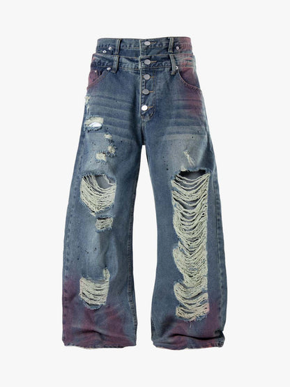 Double-Waist Distressed Wide-Leg Jeans 
