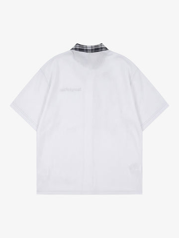 Plaid Scarf Sleeve Waffle Shirt with Letter Embroidery
