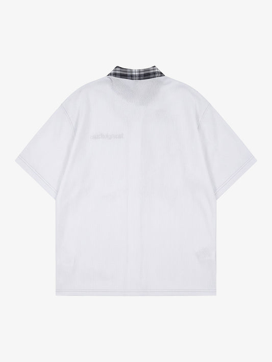 Plaid Scarf Sleeve Waffle Shirt with Letter Embroidery