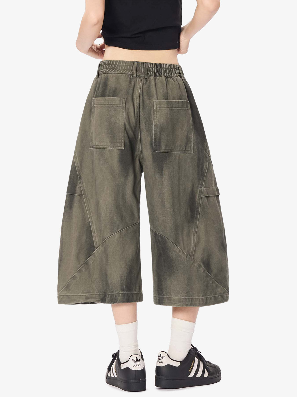 Olive Washed Wide-Leg Cargo Shorts – Cotton Twill Relaxed Fit Utility Shorts