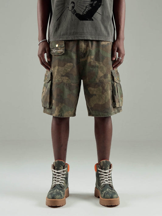 Distressed Camouflage Workwear Wide-leg Shorts