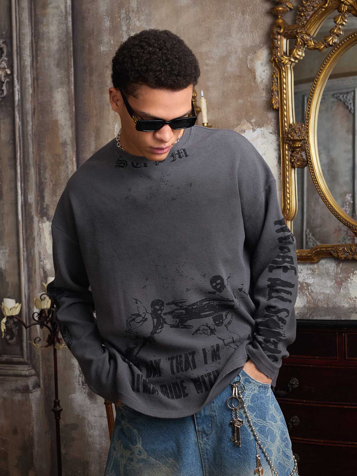 Supermade Waffle-Knit Distressed Gradient Print Long T-Shirt 