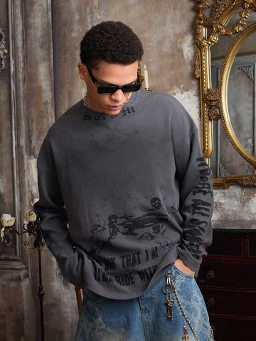 Supermade Waffle-Knit Distressed Gradient Print Long T-Shirt 