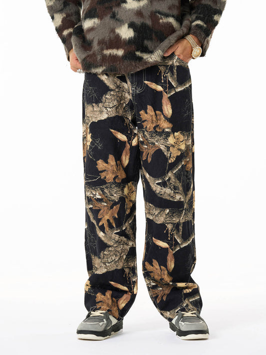 Vintage Washed Distressed Leaf Camouflage Jeans 