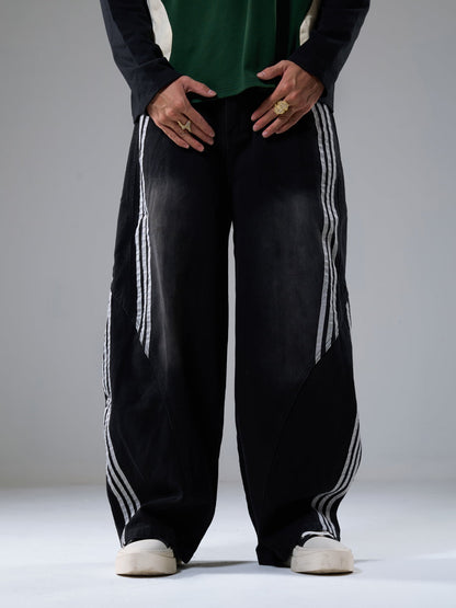 Denim Contrast Striped Stitching Barrel Jeans - 2504 