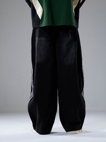 Denim Contrast Striped Stitching Barrel Jeans - 2504 