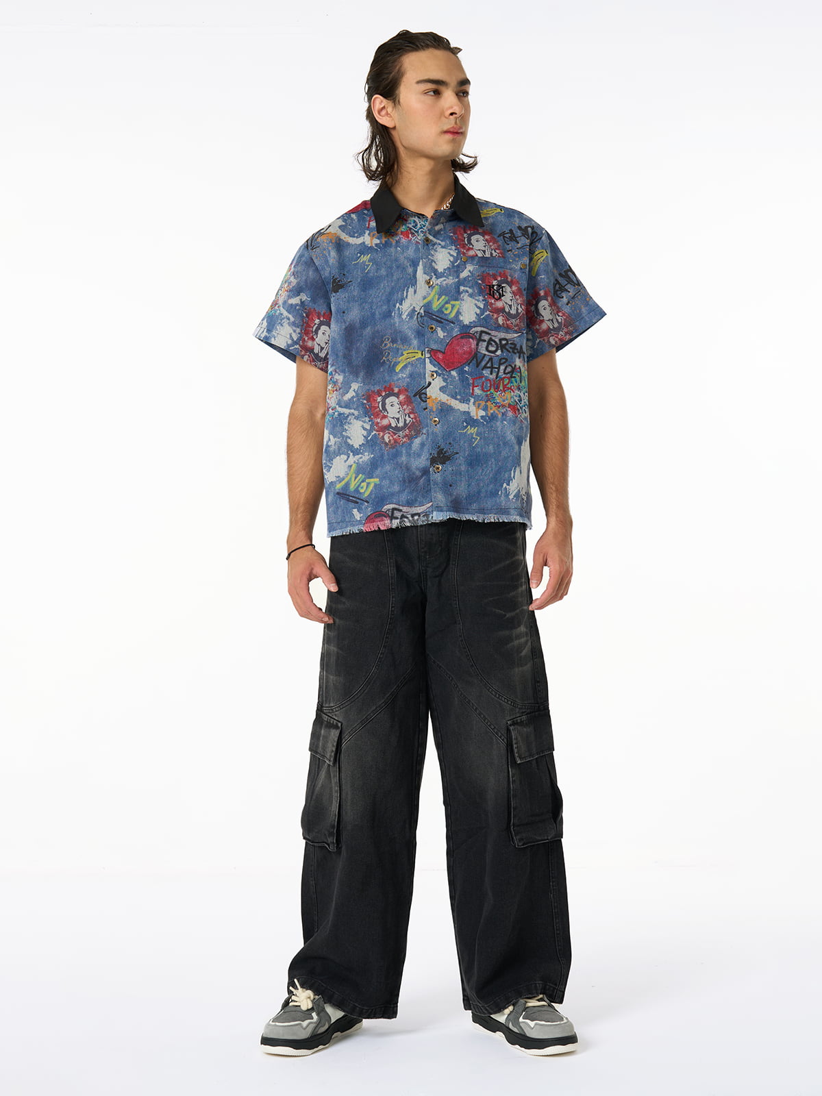 Tie-Dye Denim Graffiti Polo T-Shirt 