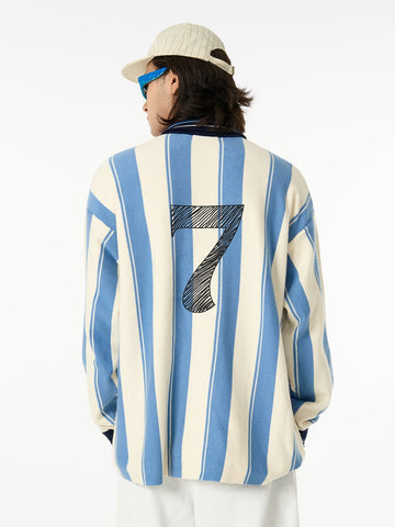 Retro Striped Polo Collar Sports Jersey Knit Sweater 