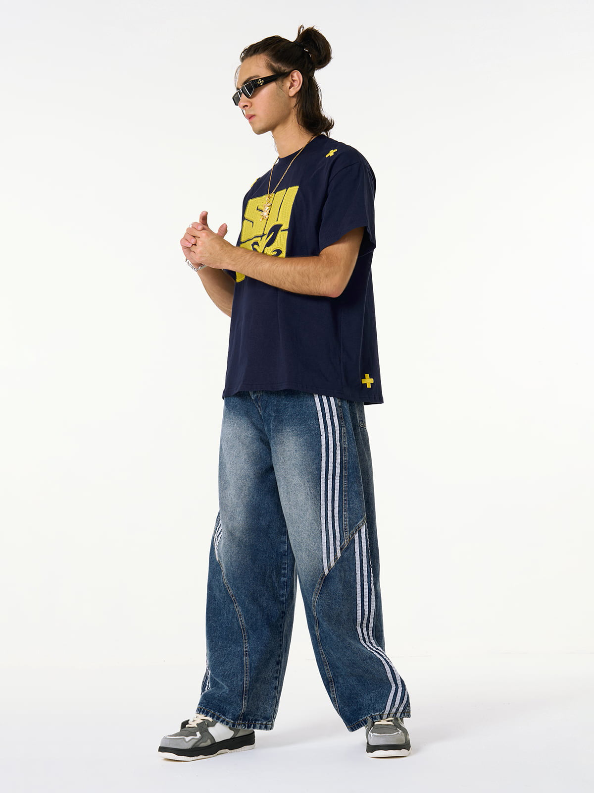Denim Contrast Striped Stitching Barrel Jeans - 2504 