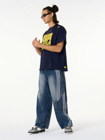 Denim Contrast Striped Stitching Barrel Jeans - 2504 