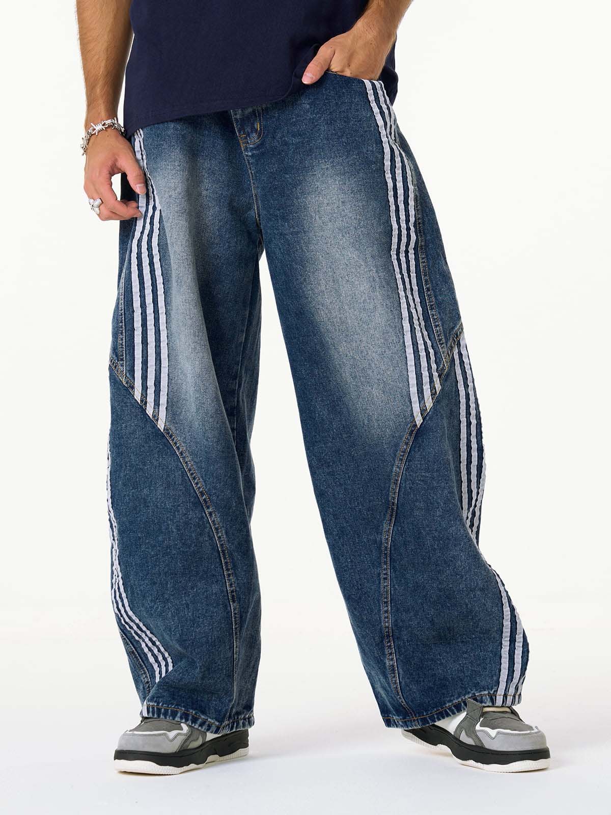 Denim Contrast Striped Stitching Barrel Jeans - 2504 
